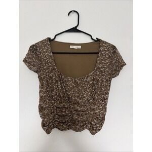 Aeropostale Brown Square Floral Ruched Mesh Crop Top Short Sleeves XS